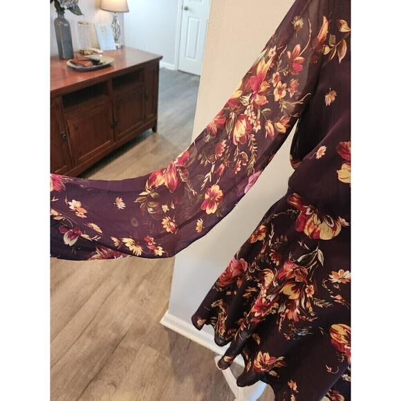 Lulus Mini Dress Dark Floral Design Button Front Tie Waist Sz S long sleeve - Picture 3 of 7